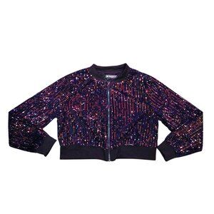 Allegra K Sequined Sparkle Long Sleeve Party Sipper Cropped Bomber Jacket in L